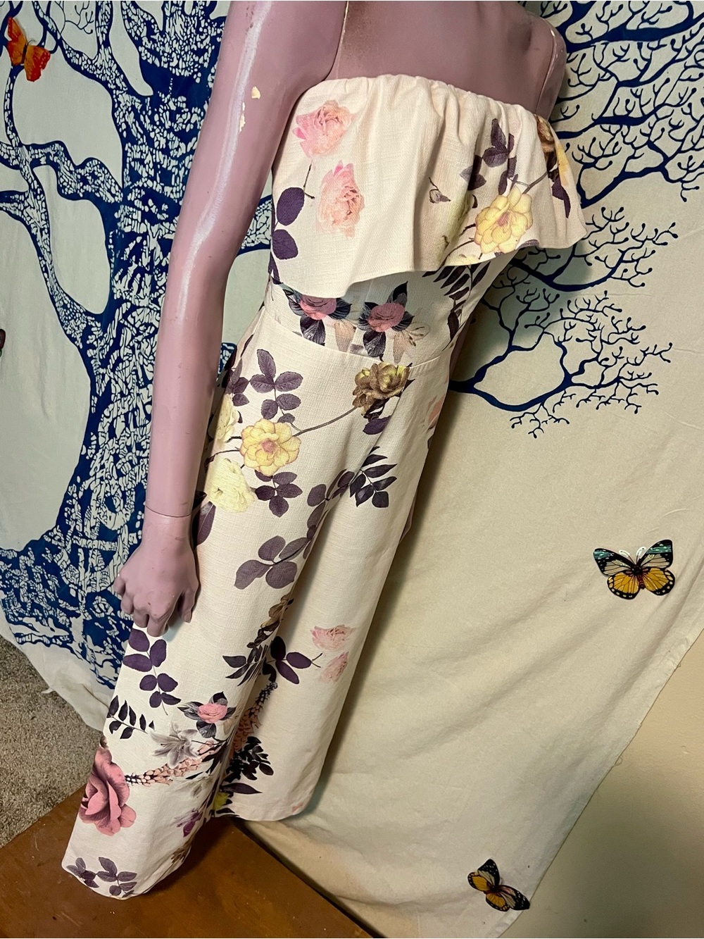 ASOS Strapless Floral Wide-Leg Jumpsuit in White, Purple & Pink